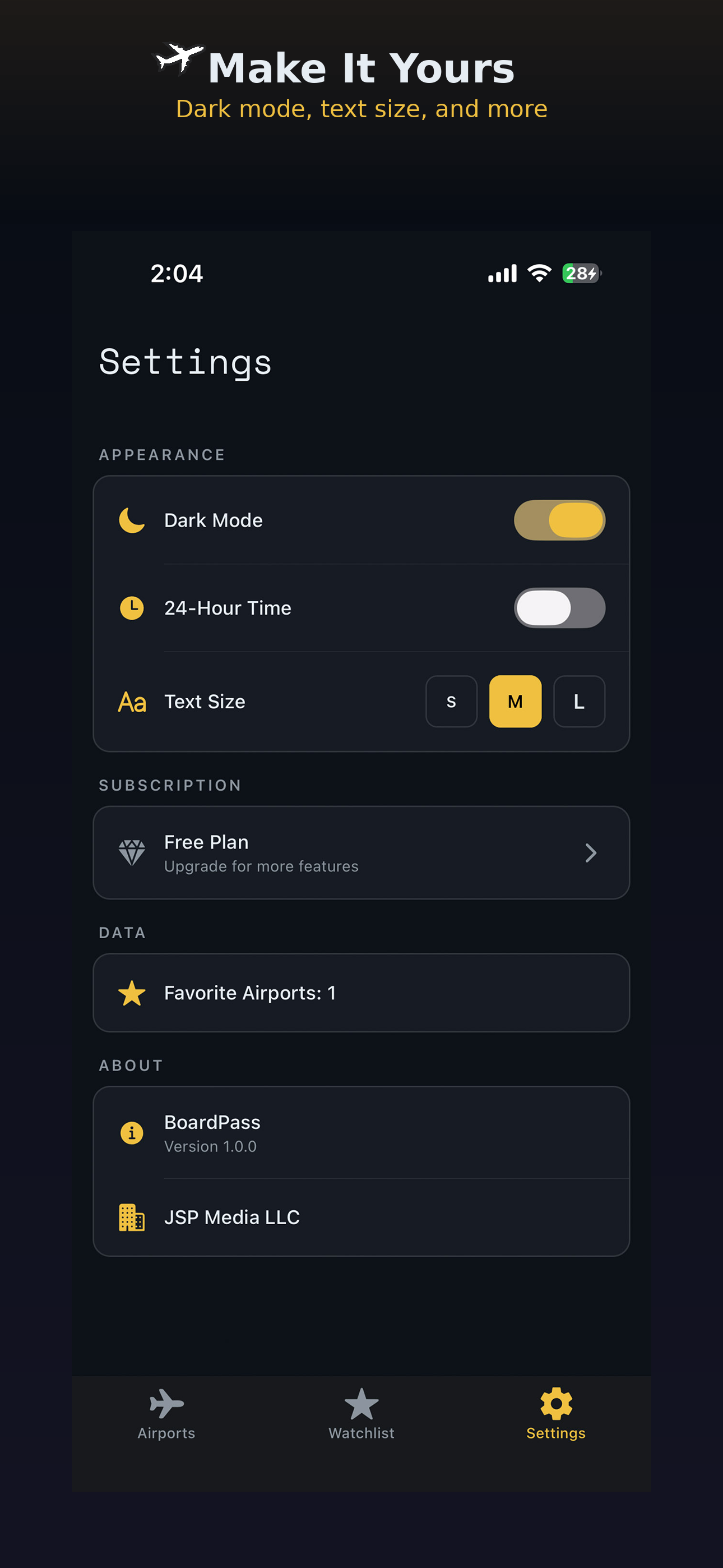 BoardPass settings screen